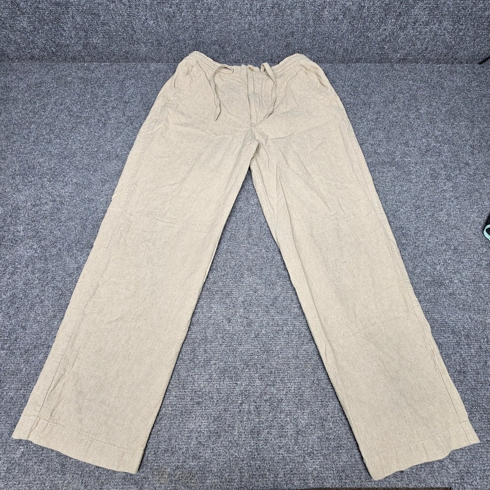 Centro Linen Cotton Pants Mens Medium 32-34 Tan Beige Elastic Drawstring Casual